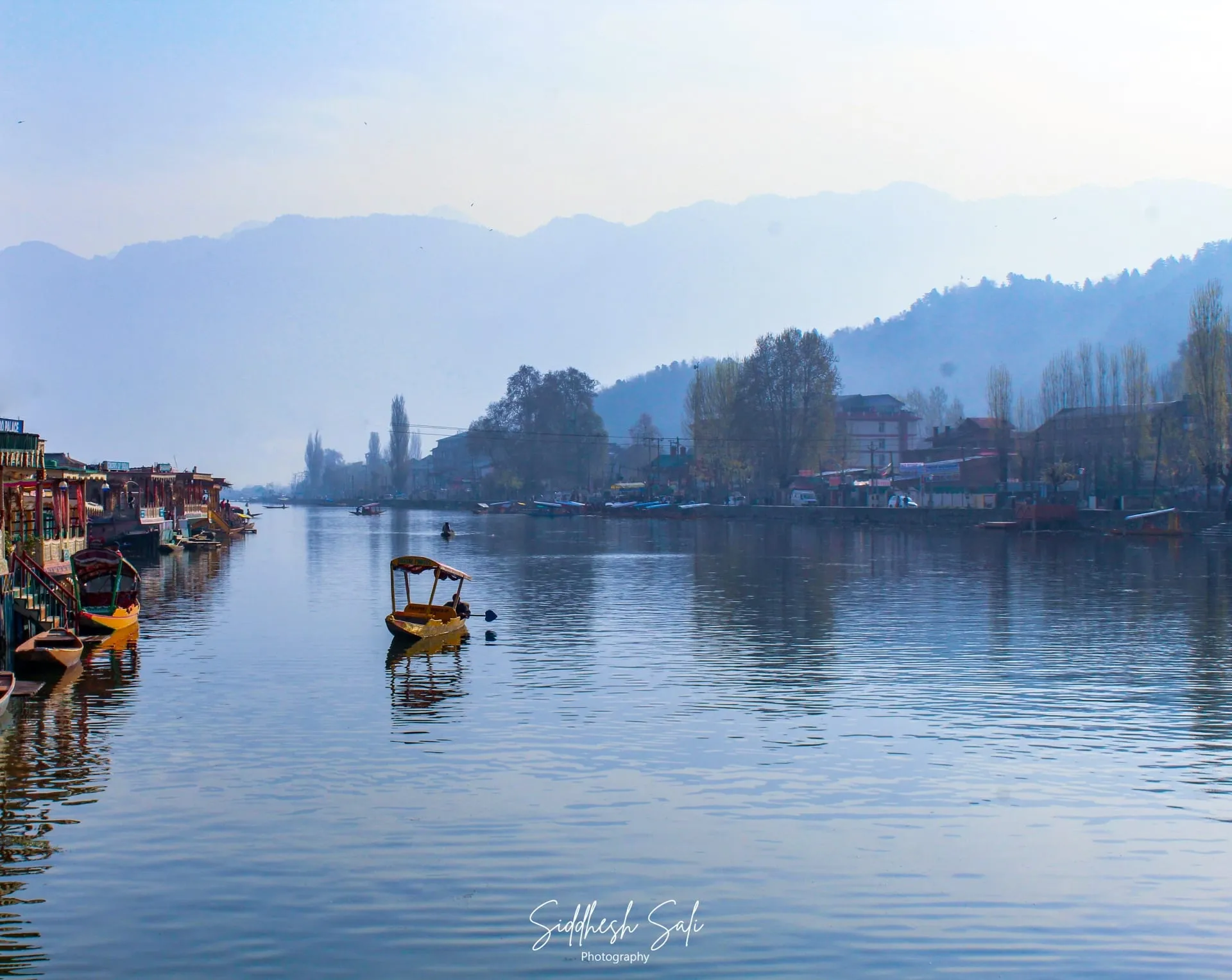 Shikara boats on flat water in front of lakeside houses, wooded hills rising behind.
