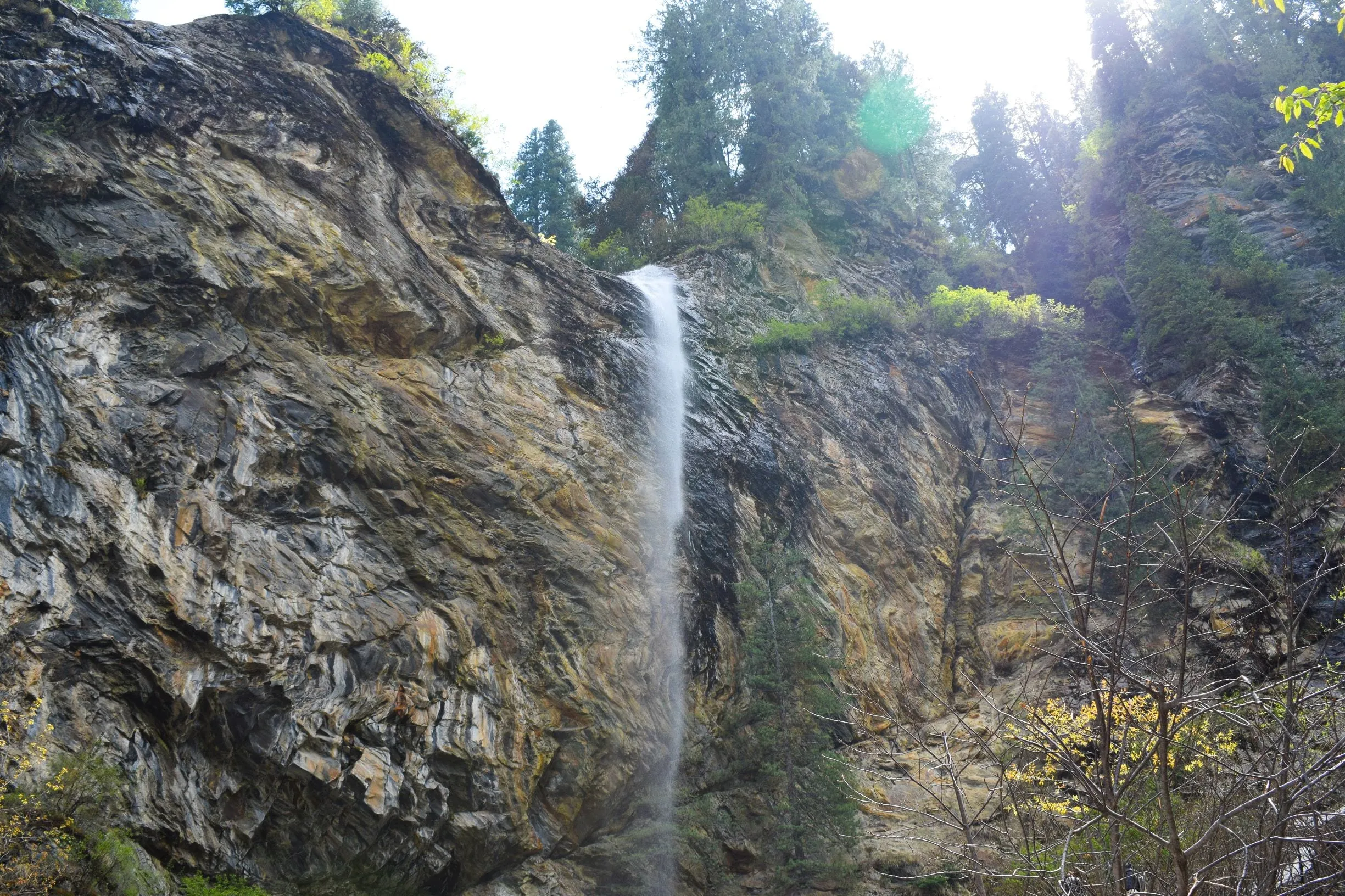 A thin waterfall dropping down a rock face streaked with ochre, trees growing from the ledges.