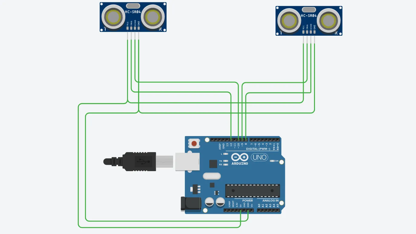 A wiring diagram showing two HC-SR04 ultrasonic sensor boards connected by green jumper wires to an Arduino Uno.