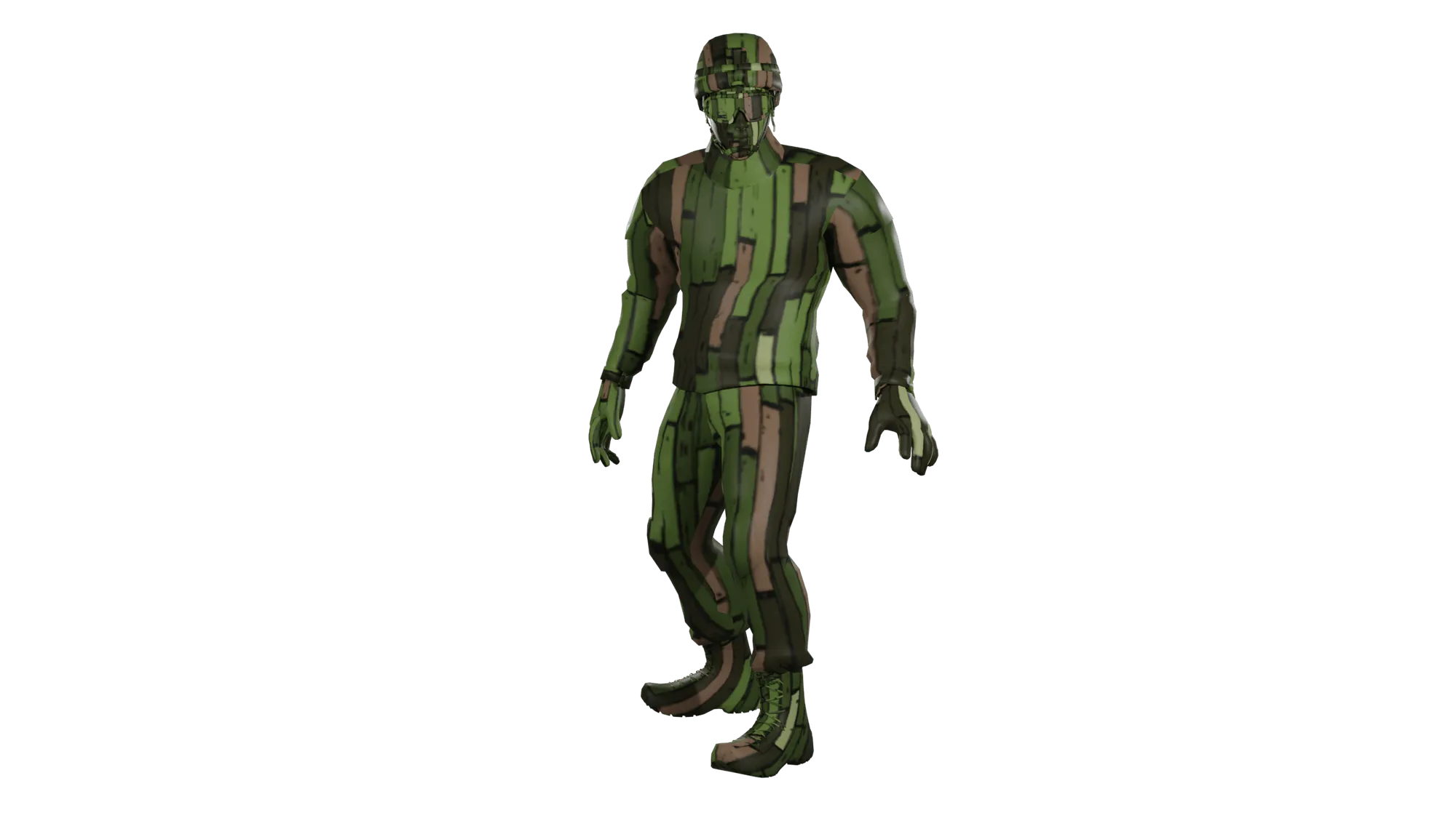 A rendered human figure on black, its whole surface covered in a green, brown and khaki pattern of vertical broken strips.