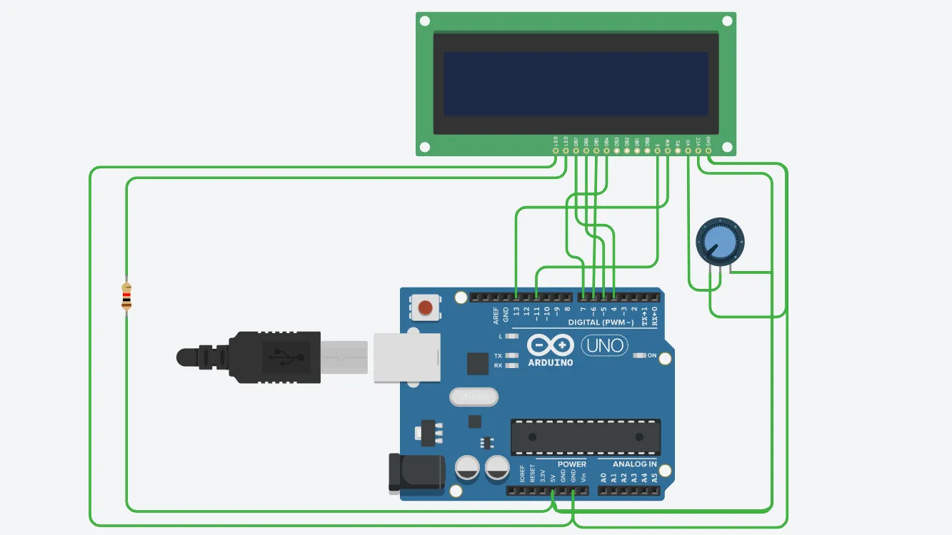 A wiring diagram of a 16 by 2 character LCD connected to an Arduino, with a potentiometer setting the contrast.