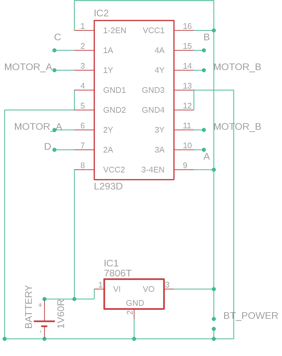 An Eagle schematic: an L293D with four control inputs and two motor outputs, fed by a 7806 regulator from a battery, with a separate rail marked BT_POWER.