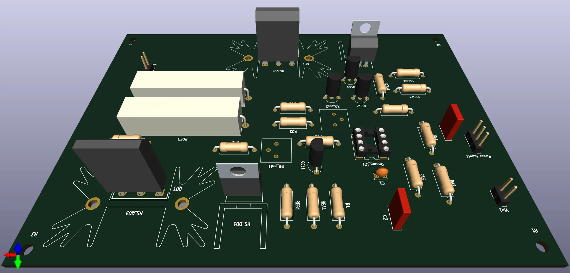 A rendered view of the bare board: four TO-220 devices on heatsinks, three white wirewound resistors, and rows of axial parts on green solder mask.