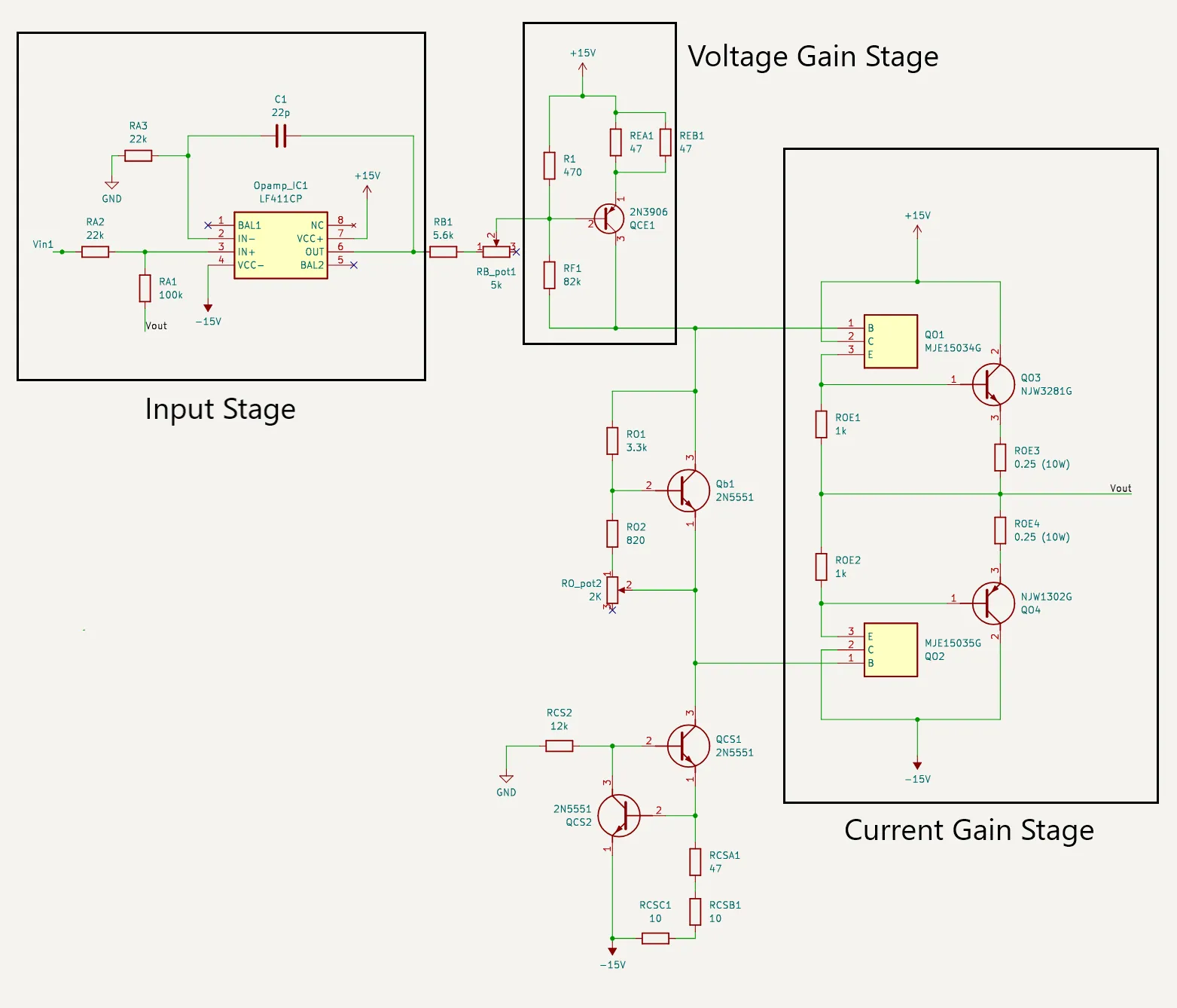 A schematic divided into three labelled blocks: an input stage, a voltage gain stage and a current gain stage.
