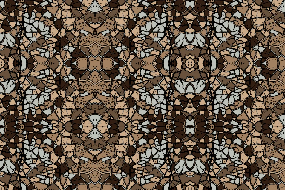 A dense pattern of irregular pale-brown, dark-brown and grey fragments, generated from a dry-ground photograph.